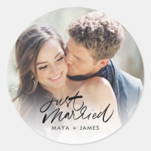 Sticker Rond Photo de mariage "Juste Mariés" Cadeau