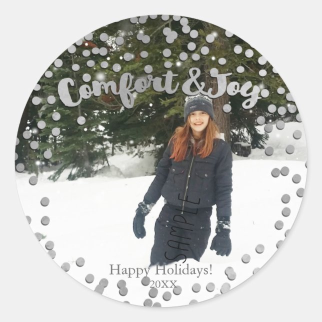Sticker Rond Photo de Noël Comfort & Joy Silver Holiday (Devant)