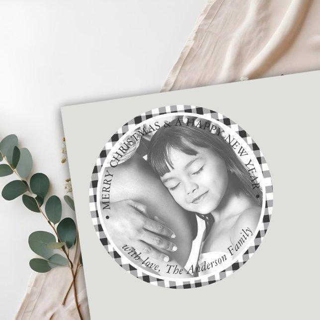 Sticker Rond Photo de Noël Noir Blanc Plaid En vichy Motif (Créateur téléchargé)