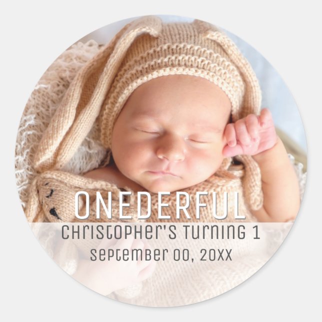 Sticker Rond Photo de premier anniversaire Onederful minimalist (Devant)