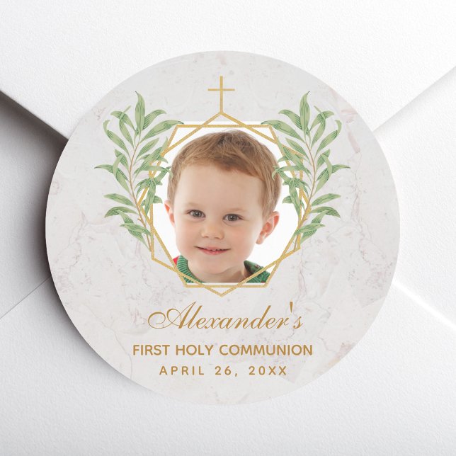 Sticker Rond Photo de première communion avec feuillage botaniq (Créateur téléchargé)