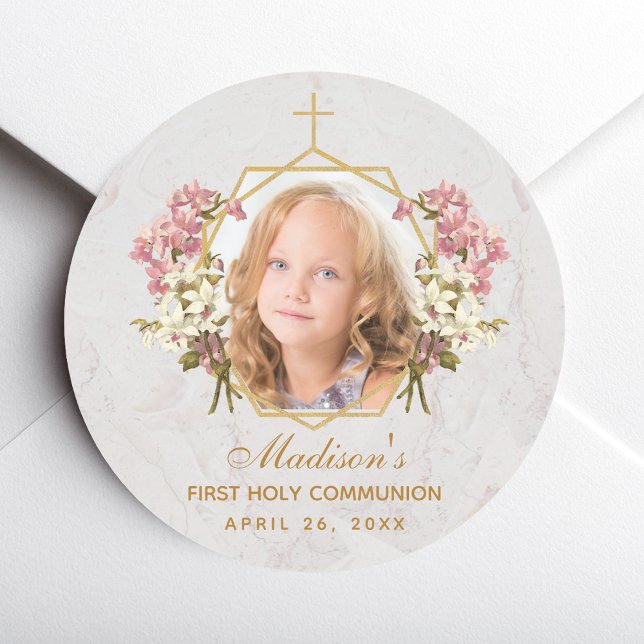 Sticker Rond Photo de Première Communion Fille Orchidée Rose Fl (Créateur téléchargé)