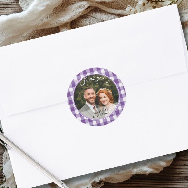 Sticker Rond Photo de remerciement Gingham violet (Purple Gingham Thank you Photo Classic Round Sticker)