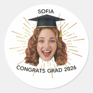 Sticker Rond Photo de remise de diplôme personnalisée Félicitat