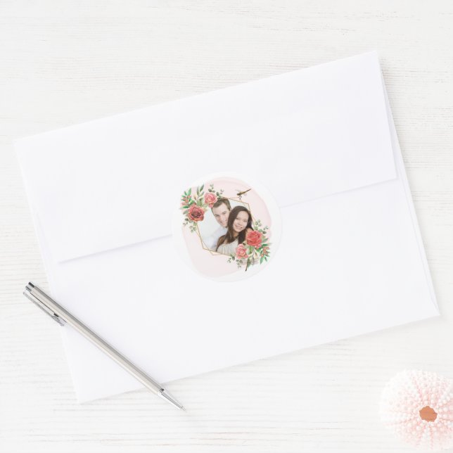 Sticker Rond Photo de roses roses et de libellule (Enveloppe)