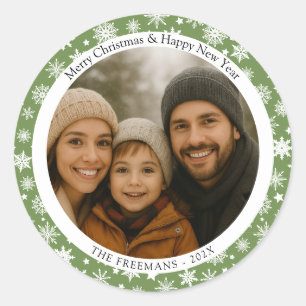 Sticker Rond Photo de vacances avec flocons de neige verts et b