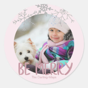 Sticker Rond Photo de vacances Joyeux Noël Flocons roses