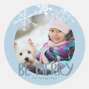Sticker Rond Photo de vacances Soyez Joyeux Noël Blue Snowflake