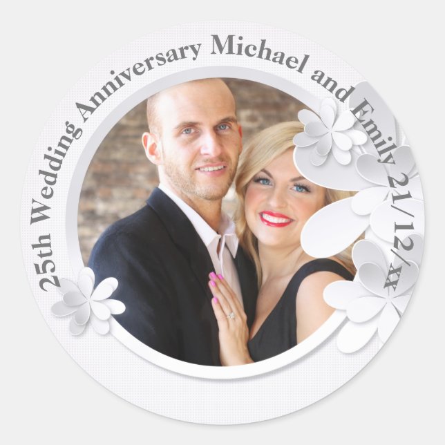 Sticker Rond PHOTO DU 25e ANNIVERSAIRE Mariage Argent (Devant)