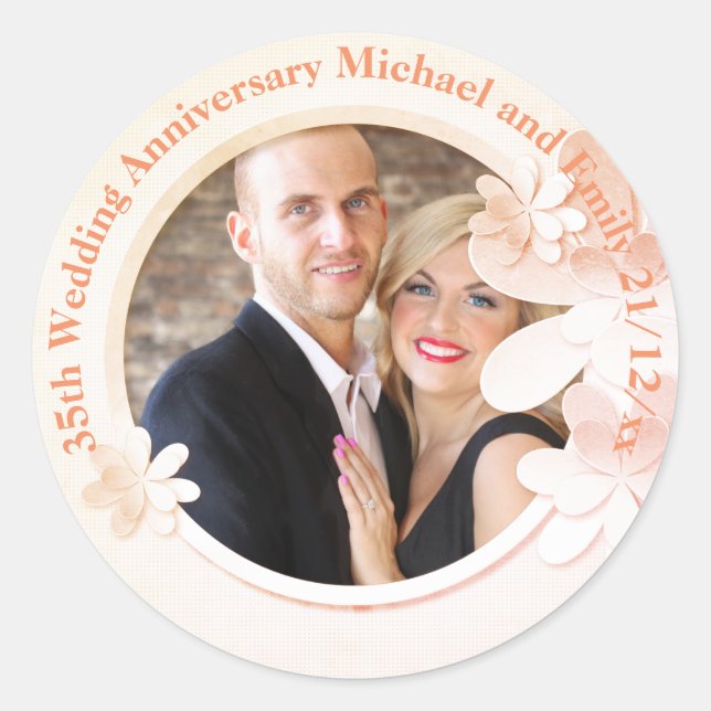 Sticker Rond PHOTO DU 35e ANNIVERSAIRE Mariage Coral (Devant)