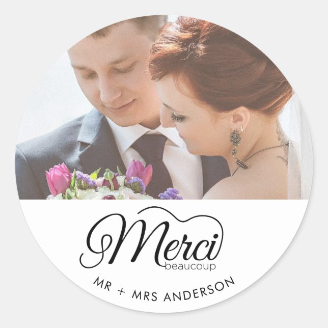 Sticker Rond Photo du jour de mariage Merci Beaucoup (Devant)
