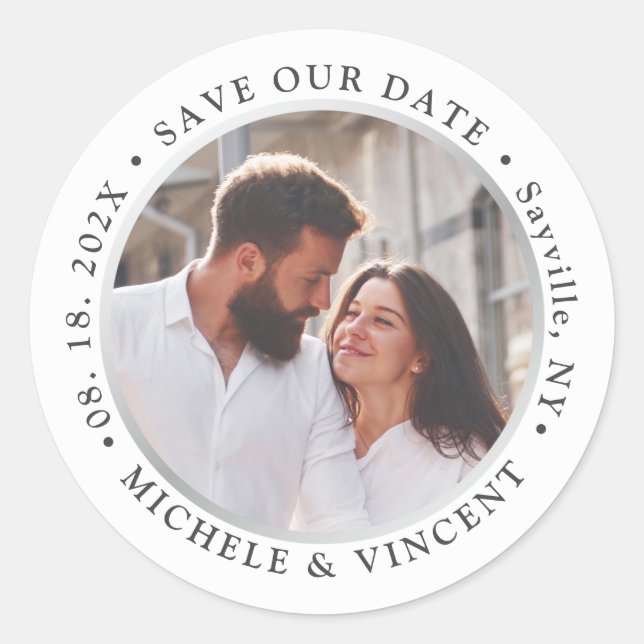 Sticker Rond Photo En Argent Moderne Simple Enregistrer La Date (Devant)