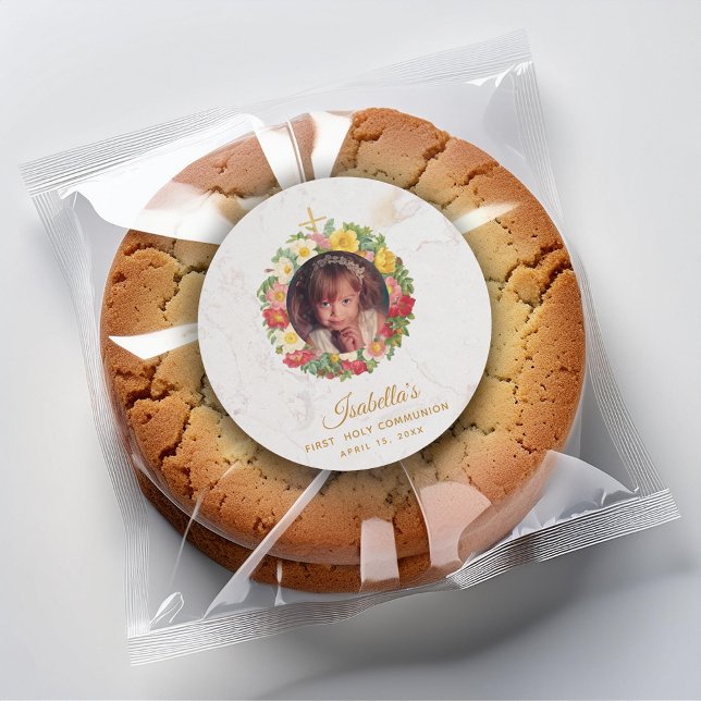 Sticker Rond Photo en marbre de la première communion de fille  (Créateur téléchargé)