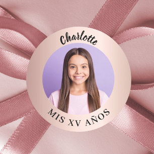 Sticker Rond Photo en or rose Quinceanera