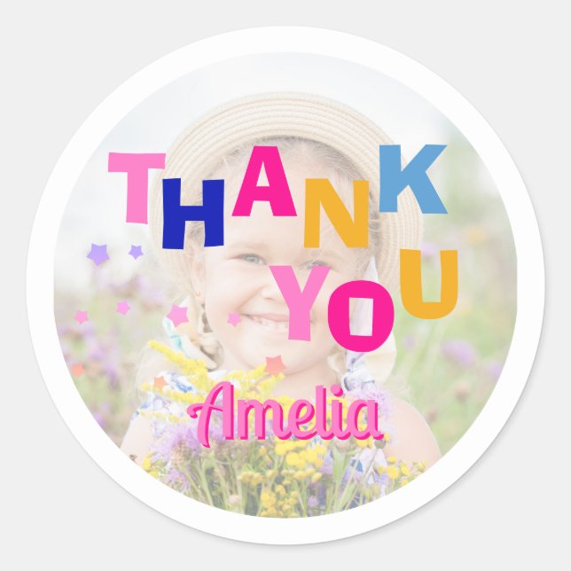 Sticker Rond Photo fille couleur mignonne Merci d'anniversaire (Devant)