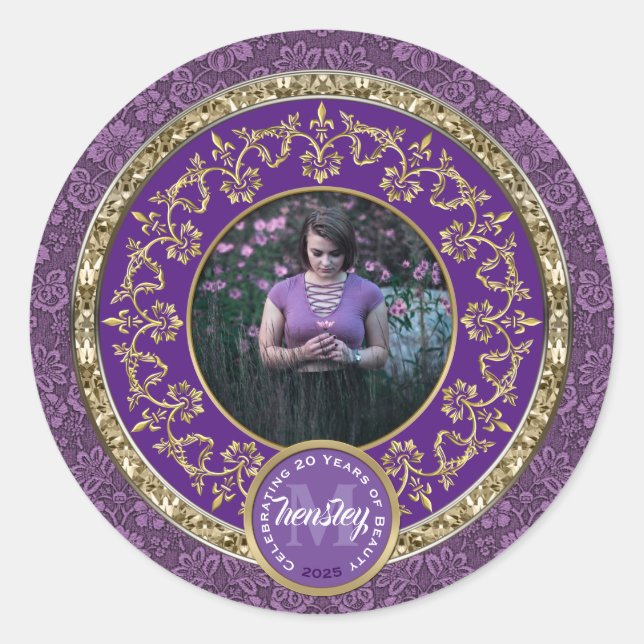 Sticker Rond Photo Gold Classic Damask Commemorative Purple (Devant)