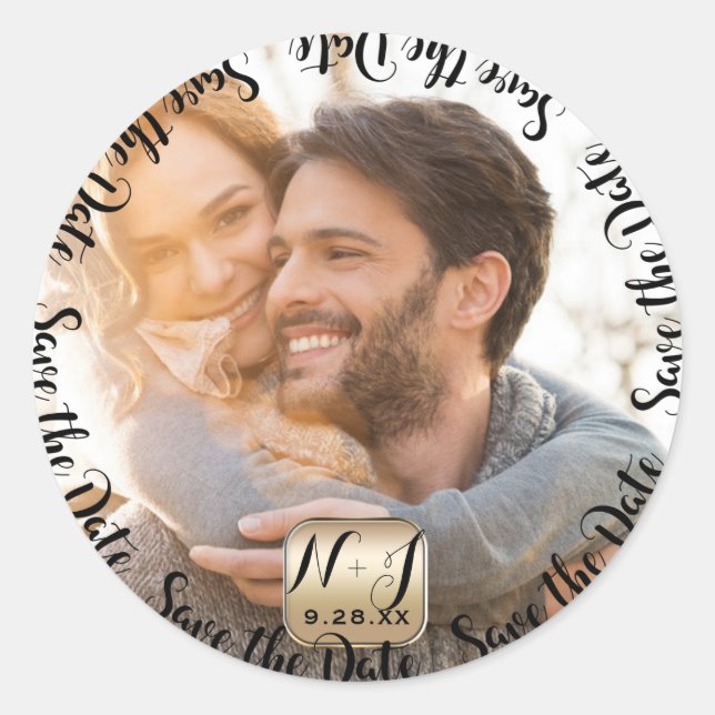 Sticker Rond Photo Gold Moderne Enregistrer la date Mariage (Devant)