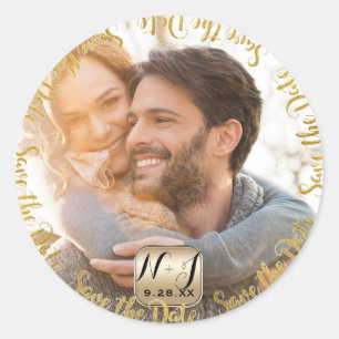 Sticker Rond Photo Gold Moderne Enregistrer la date Mariage