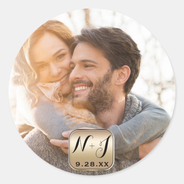 Sticker Rond Photo Gold Personnalisé Mariage moderne Favoriser (Devant)