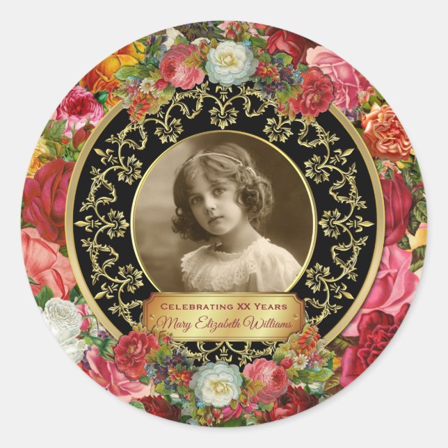 Sticker Rond Photo Gold Roses magnifiques commémoratif Black On (Devant)