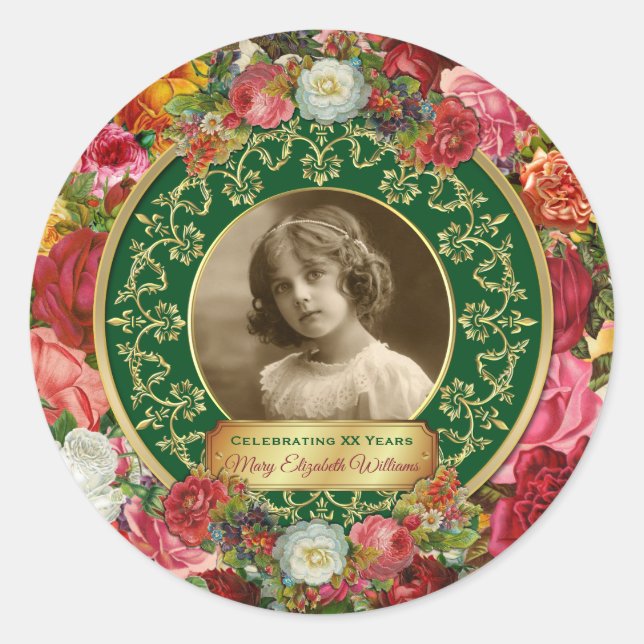Sticker Rond Photo Gold Roses magnifiques vert commémoratif (Devant)