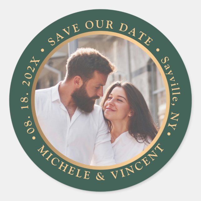 Sticker Rond Photo Gold Vert tendance Enregistrer la date (Devant)