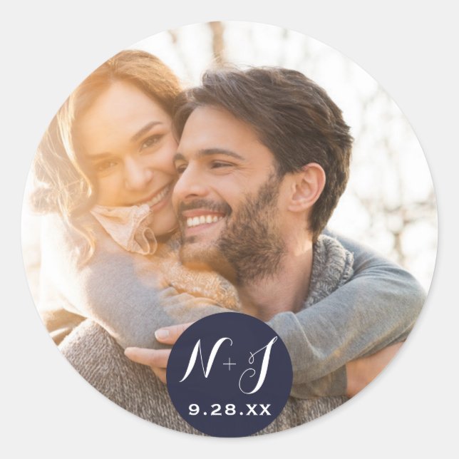 Sticker Rond Photo Image Favori De Mariage Moderne Bleu Marine (Devant)