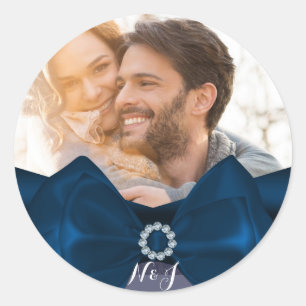 Sticker Rond Photo Image Glam Bleu Royal Nœud Cadeau de Mariage