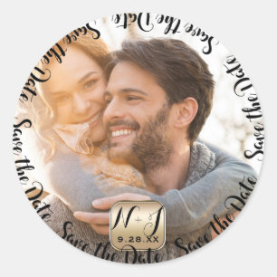 Sticker Rond Photo Image Or Mariage Moderne Enregistrer La Date