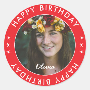 Sticker Rond Photo Joyeux Anniversaire Moderne Simple Gras Roug