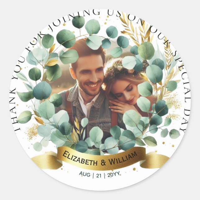 Sticker Rond PHOTO Mariage Merci Eucalyptus Feuilles Favoriser (Devant)