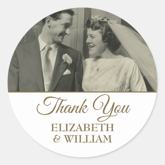Sticker Rond Photo Merci Golden Script Mariage Anniversaire (Devant)