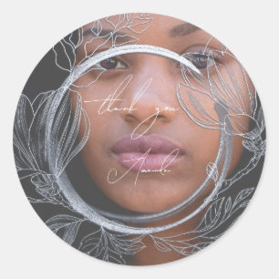 Sticker Rond Photo Merci Nom Magnolia Floral Mariage Gris