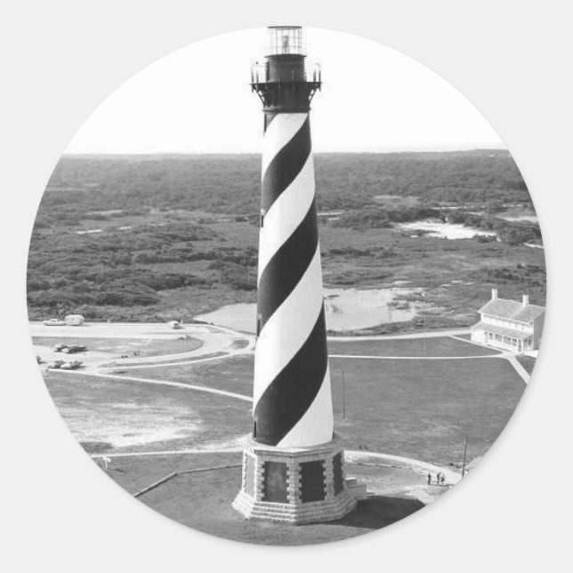 Sticker Rond Photo noire et blanche de phare du Cap Hatteras (Devant)