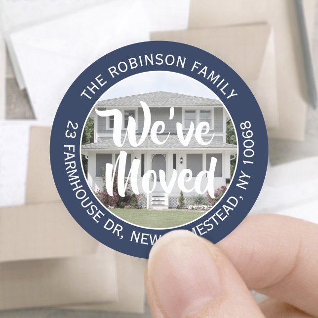 Sticker Rond Photo Nous avons déménagé Marine Bleu Adresse de r (Créateur téléchargé)