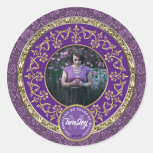 Sticker Rond Photo Or Classique Damas Commémoratif Violet