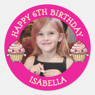 Sticker Rond Photo personnalisé, âge et nom d'anniversaire