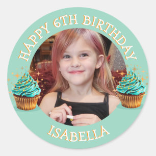 Sticker Rond Photo personnalisé, âge et nom d'anniversaire