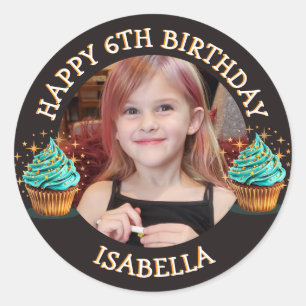 Sticker Rond Photo personnalisé, âge et nom d'anniversaire