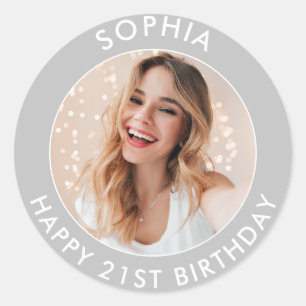 Sticker Rond Photo personnalisé moderne simple joyeux 21e anniv