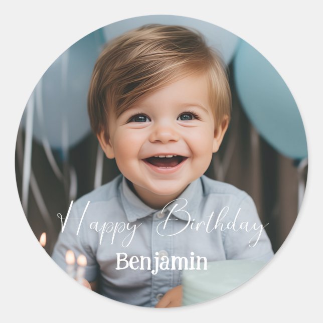 Sticker Rond Photo personnalisée anniversaire moderne simple (Devant)