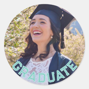 Sticker Rond Photo personnalisée Aqua blue Graduation Party Tab