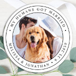 Sticker Rond Photo personnalisée Chien animal de compagnie just<br><div class="desc">Ajoutez la touche finale à vos annonces de mariages de chien avec cette photo personnalisée, et des autocollants personnalisés 'My Humans Got Married. Customisez avec votre photo préférée, vos noms et votre date. DROIT D'AUTEUR © 2020 Judy Burrows, Black Dog Art - Tous droits réservés. Photo personnalisée Chien de compagnie...</div>