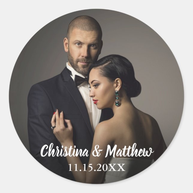 Sticker Rond Photo personnalisée et date du Mariage (Devant)