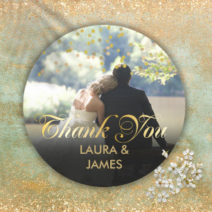 Sticker Rond Photo personnalisée Gold Confetti Script Merci