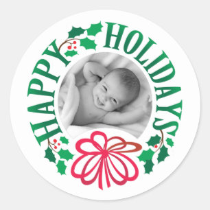 Sticker Rond Photo personnalisée Joyeuses fêtes Typographie Wre