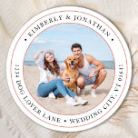 Sticker Rond Photo personnalisée Mariage moderne Adresse de ret<br><div class="desc">Ajoutez la touche finale à vos invitations de mariage avec cette photo personnalisée, et des étiquettes de adresse personnalisés. Customisez avec votre photo, vos noms et votre adresse préférés. Ces étiquettes de adresse simples peuvent être utilisés pour n'importe quelle occasion. DROIT D'AUTEUR © 2020 Judy Burrows, Black Dog Art -...</div>