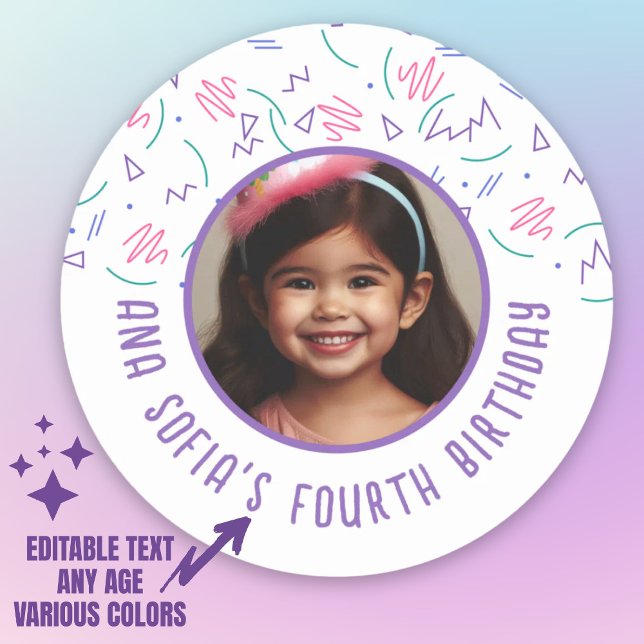 Sticker Rond Photo personnalisée N'importe quel âge Anniversair (Custom Photo Name Any Age Birthday 90s Pattern Classic Round Sticker.)