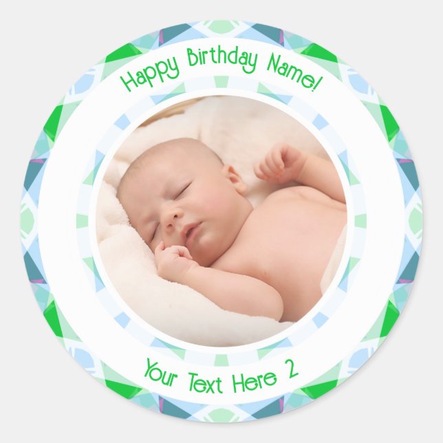 Sticker Rond Photo personnalisée Nom Age bleu vert Anniversaire (Devant)