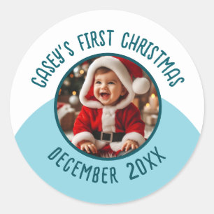 Sticker Rond Photo personnalisée Nom ajouter le premier Noël du